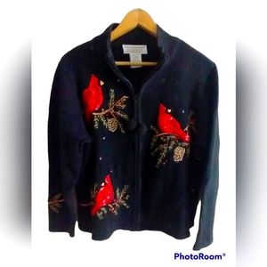 Tiara International Woman's Cardigan Black Zip Up‎ Red Cardinal Sweater Size XL